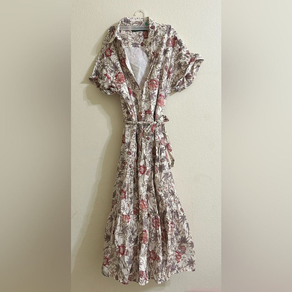 Lauren Ralph Lauren Floral Dress Button Front V Neck Short Sleeve Belt Cotton 12